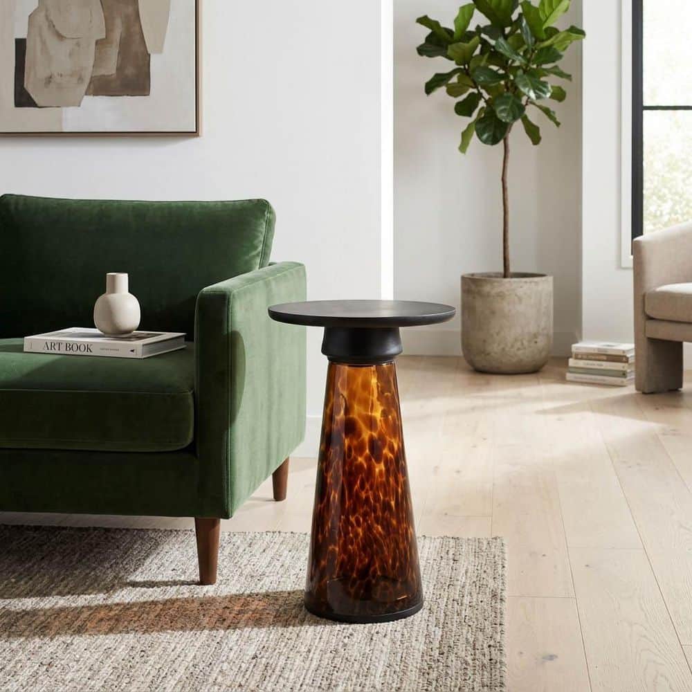 12.5 in. Brown Round Marble Art Tapered Base Accent End Table