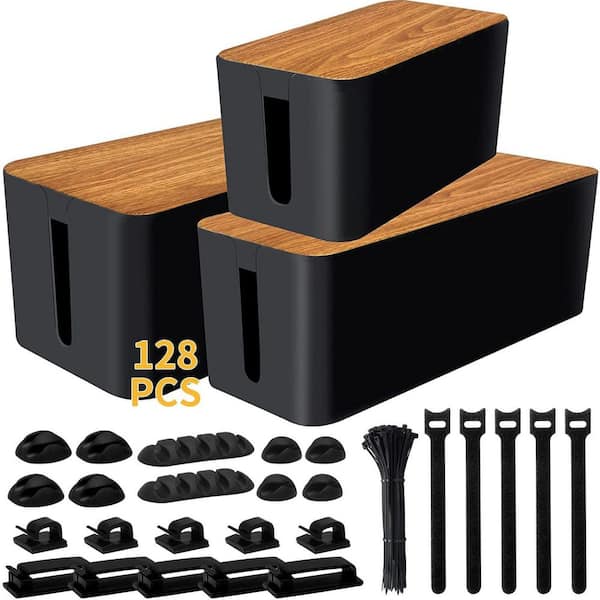 Cable Management Box Set with 125PCS Cord Organizer Kit ABS Wire Organizer Clips Sleeves for Home Office 3 Pack