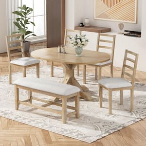 6-Piece Natural Wood Extendable Outdoor Dining Set with Beige Cushions, Bench 4 Ladder Back Dining Chairs