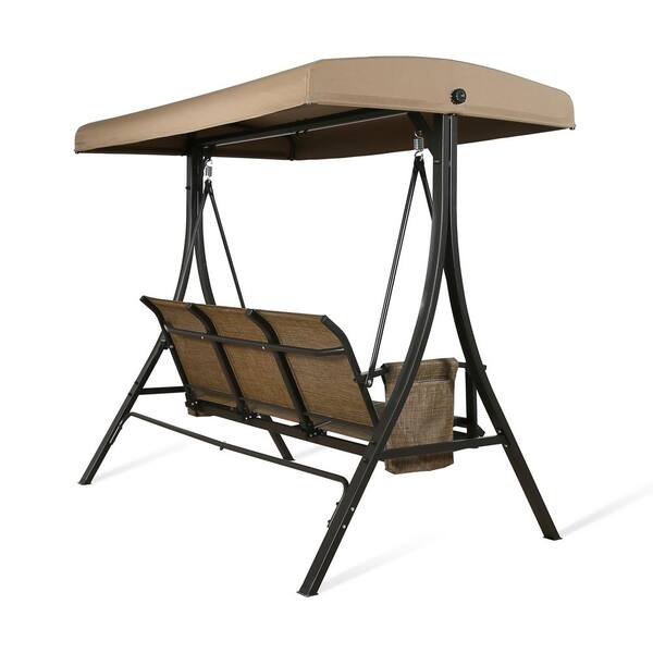 ULAX FURNITURE Brown 3-Person Metal Porch Swing with Convertible