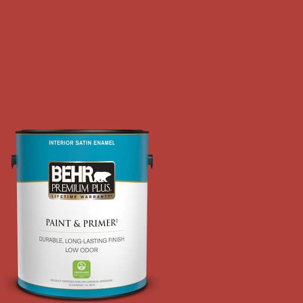 BEHR PREMIUM PLUS 1 gal. #170B-7 Red Tomato Satin Enamel Low Odor Interior Paint & Primer