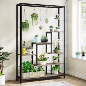 Wellston 70.86 in. Black & Gray 5-Tier Rectangle Wooden Indoor Plant Stand, Tall Flower Rack with 10-Hook