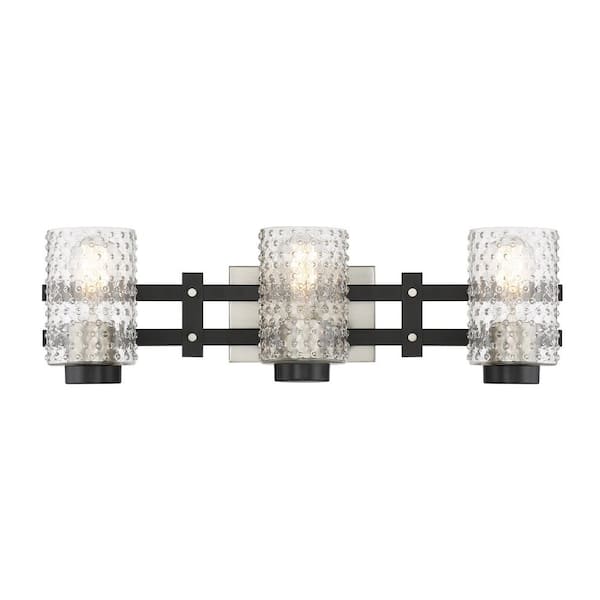 Savoy House Colt 24 in. W x 7 in. H 3-Light Matte Black/Satin Nickel Bathroom Vanity Light with Clear Cylinder Glass Shades