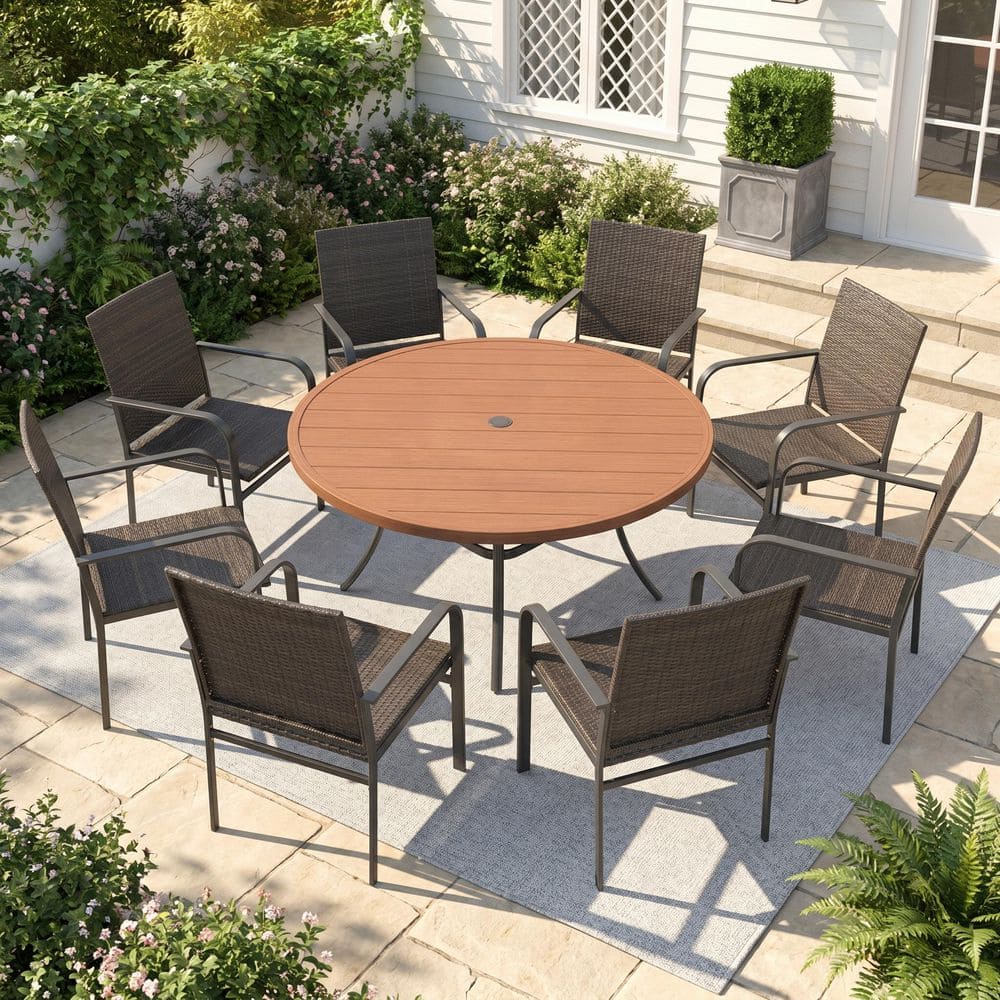 9-Piece Metal Outdoor Patio Dining Set with 53 in. Walnut Round Table and 8 Brown Rattan Stackable Dining Chairs