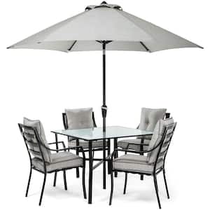 Lavallette Black Steel 5-Piece Outdoor Dining Set with Umbrella, Base and Silver Linings Cushions