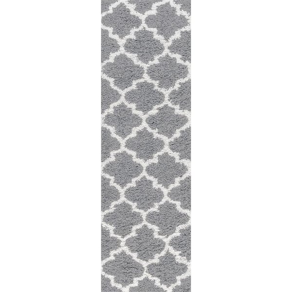 Tayse Rugs Jersey Shag Geometric Silver 2 ft. x 8 ft. Indoor Runner Rug