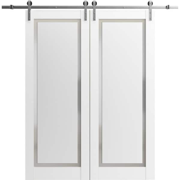 Sartodoors 36 in. x 80 in. 2 Panel Frosted Glass Painted White Solid Wood Sliding Barn Door with Hardware Kit