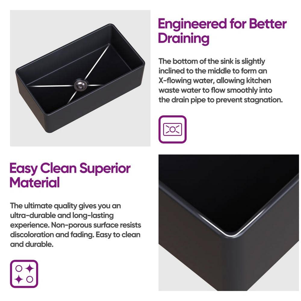Matte Black Fireclay Farmhouse Kitchen Sink with Grid and Strainer