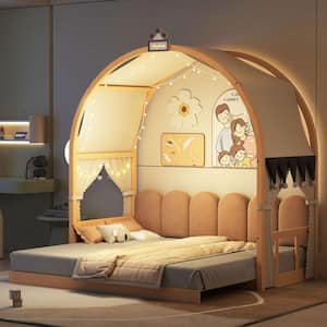 Natural Twin Size Expandable Kid Bed with Arched Roof, Curtains, Light Strip and Whiteboard