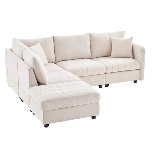 Nestfair 89 in. L-Shaped Linen Fabric Sectional Sofa in Beige with Convertible Ottoman and 2 Pillows