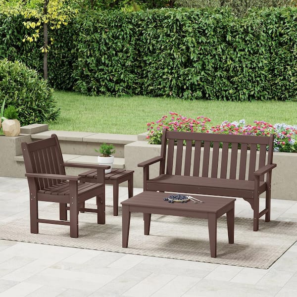 Laguna Outdoor Patio HDPE All Weather Dark Brown 4-Piece Garden Arm Chair, Bench and Coffee Table Porch Set