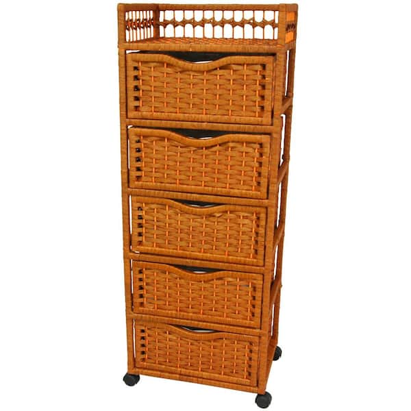 5-Drawer Honey Wheeled Natural Fiber Storage Chest