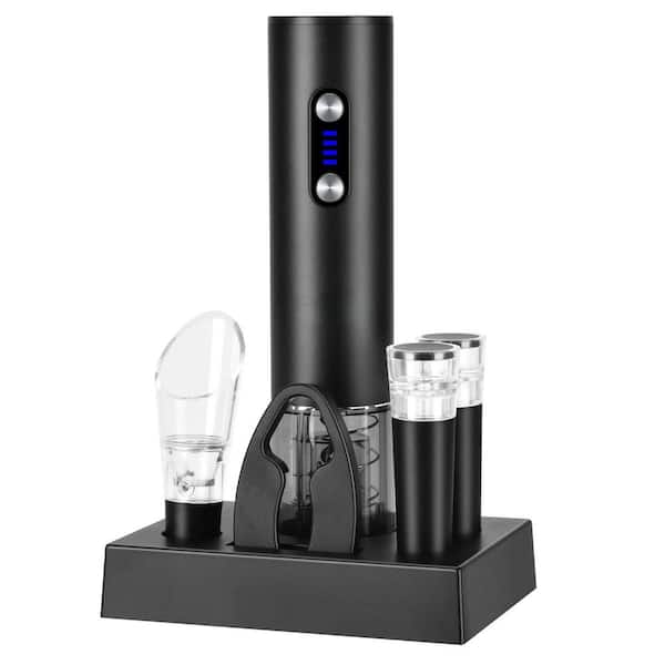 Black Electric Wine Opener Set with Base, Including Rechargeable Corkscrew, Aerator, Stoppers and Foil Cutter