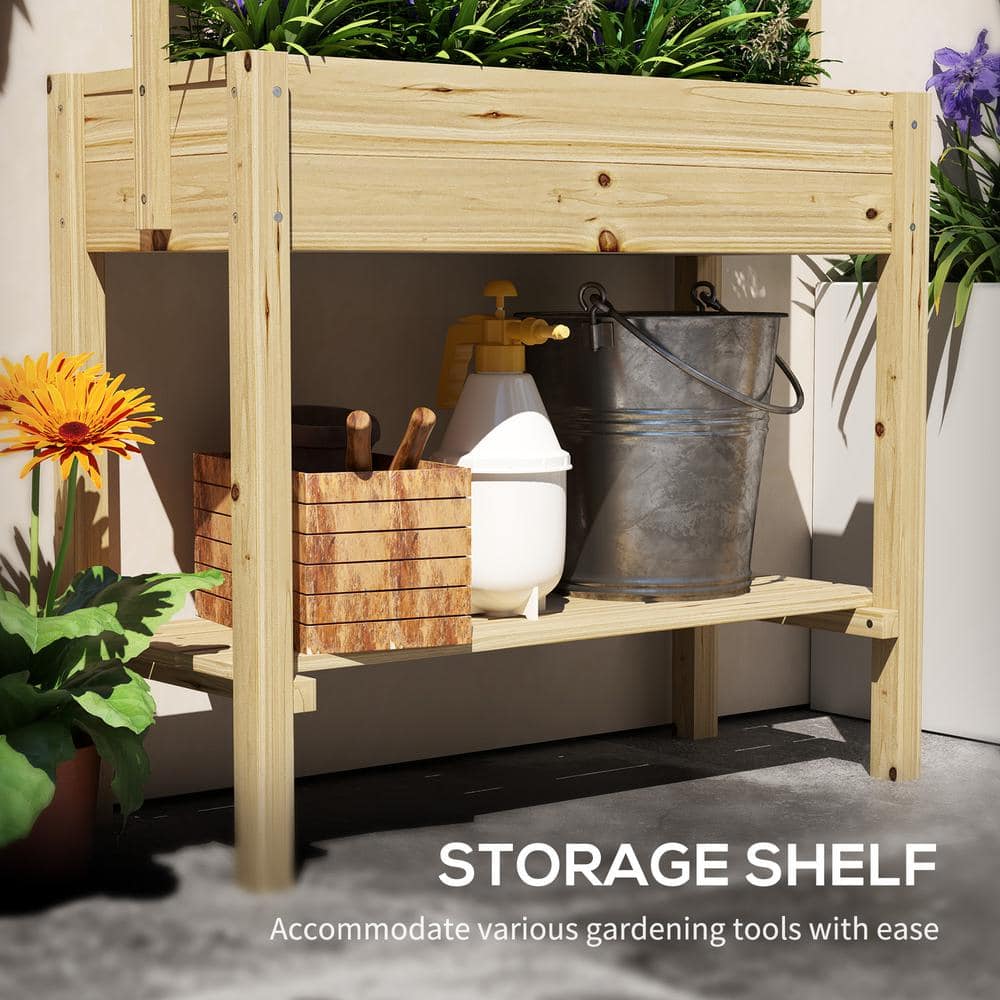 Natural Fir Wood Raised Planter Box with Trellis and Storage Shelf