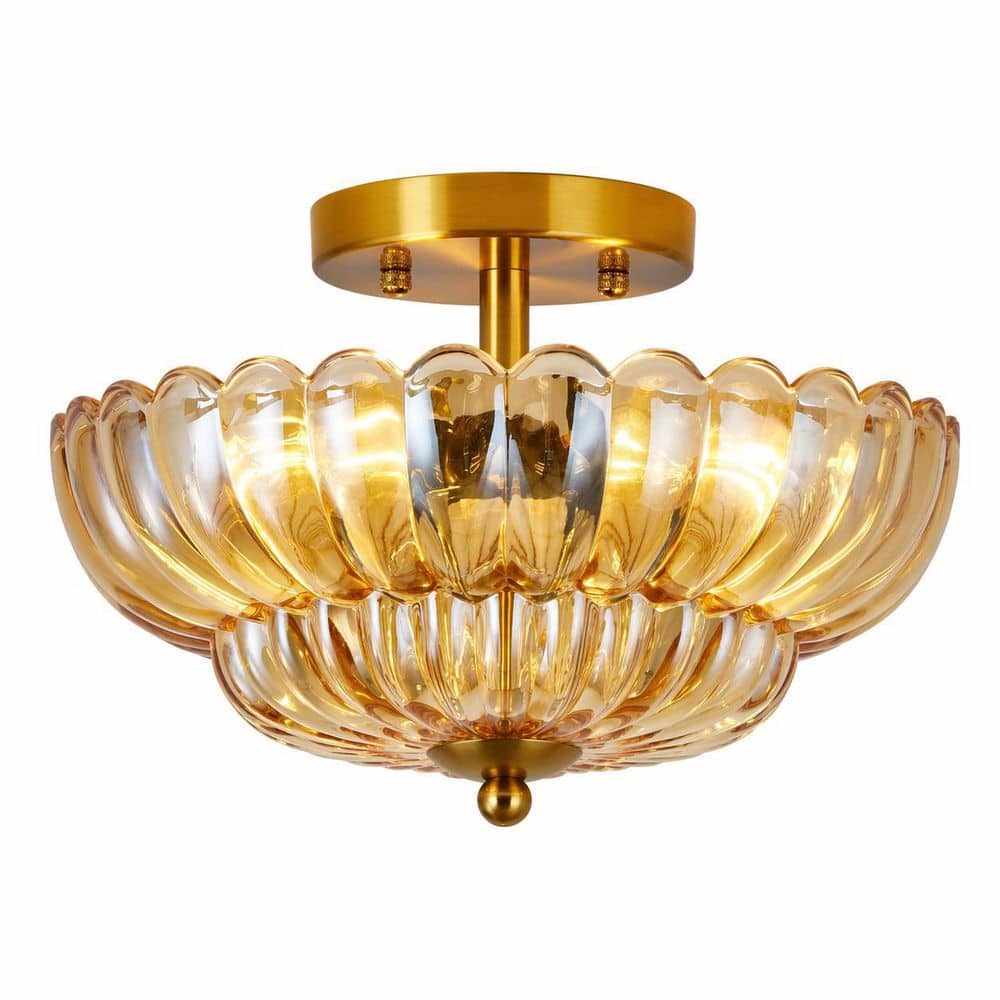 11.81 in. Modern Round Gloss Gold Semi-Flush Mount Amber Glass Shade for Kitchen, Hallway, Bedroom, No bulb included price history on PriceWatchPro