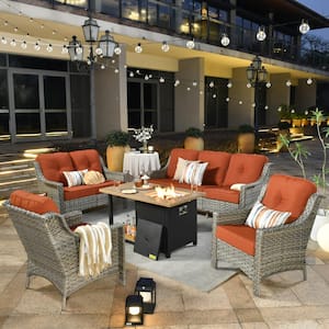 Crius Gray 5-Piece Wicker Patio Rectangular Fire Pit Set with Orange Red Cushions