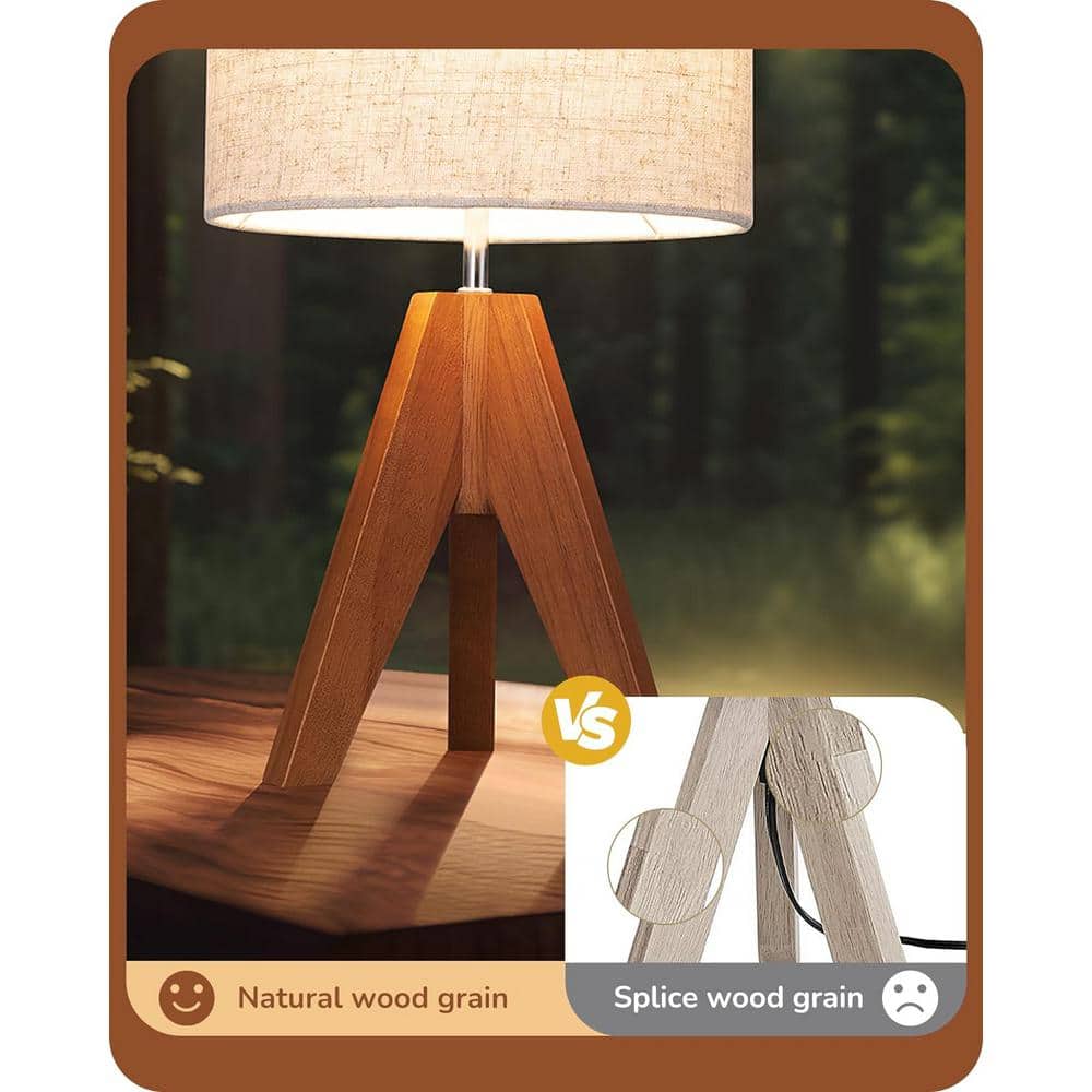 14.2 in. Light Brown Wooden Base Table Lamp Set with Beige Shade and Tripod (Set of 2)