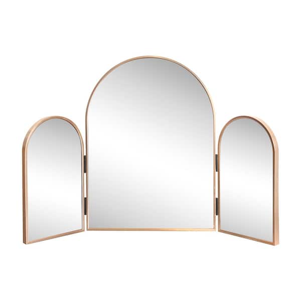 Verity 30 in. W x 20 in. H Medium Arch Trifold Aluminum Alloy Framed Vanity Mirror for Tabletop and Wall Mount, Gold