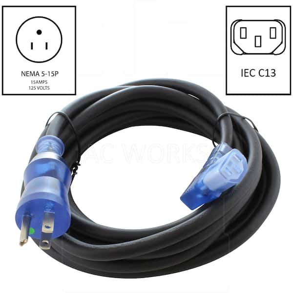 AC WORKS Medical‑Grade NEMA 5‑15P to Right‑Angle IEC C13 15 ft. 14