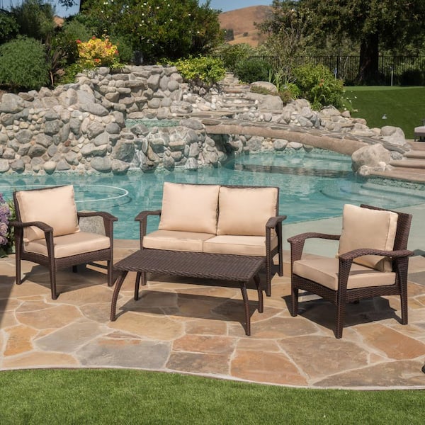 Zeus & Ruta 4-Piece Brown Wicker Outdoor Chaise Lounge with Tan Cushions and Coffee Table for Backyard, Porch, Balcony, Garden