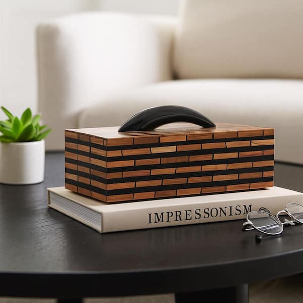 Black/Brown 17 in. x 8 in. Wood and Resin Brick-Pattern Decorative Box with Lid