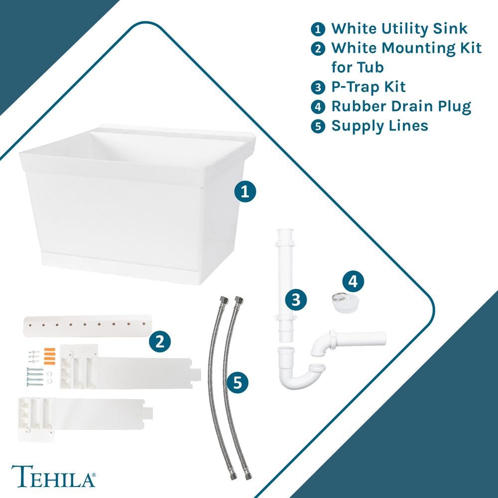 White Wall-Mounted Utility Laundry Sink with Drain Kit