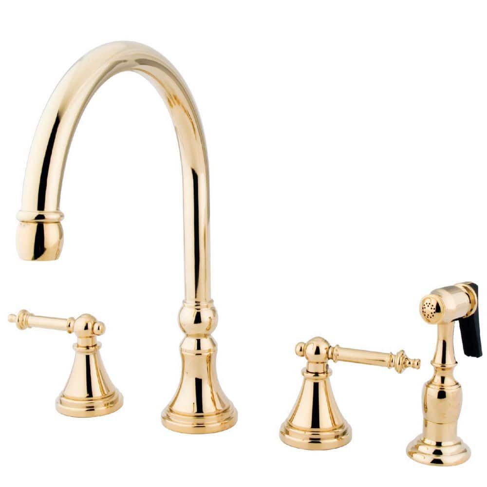 Kingston Brass Templeton 2-Handle Deck Mount Widespread Kitchen Faucets with Brass Sprayer in Polished Brass -  HKS2792TLBS