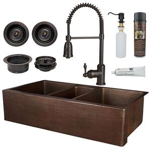 All-in-One Copper 42 in. Triple Bowl Kitchen Farmhouse Apron Front Sink with Spring Faucet in Oil Rubbed Bronze