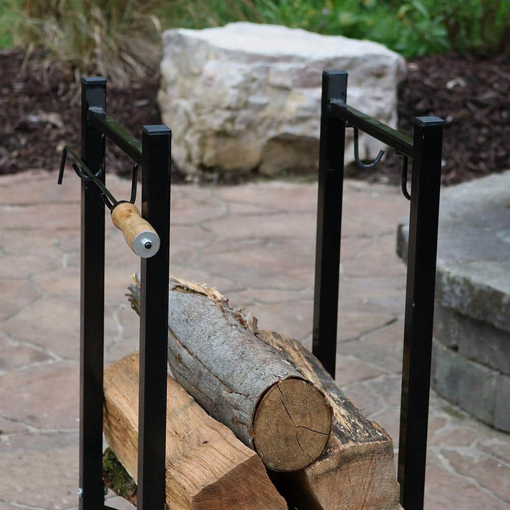 Sunnydaze Black Steel 32" Indoor/Outdoor Firewood Log Rack with Hooks