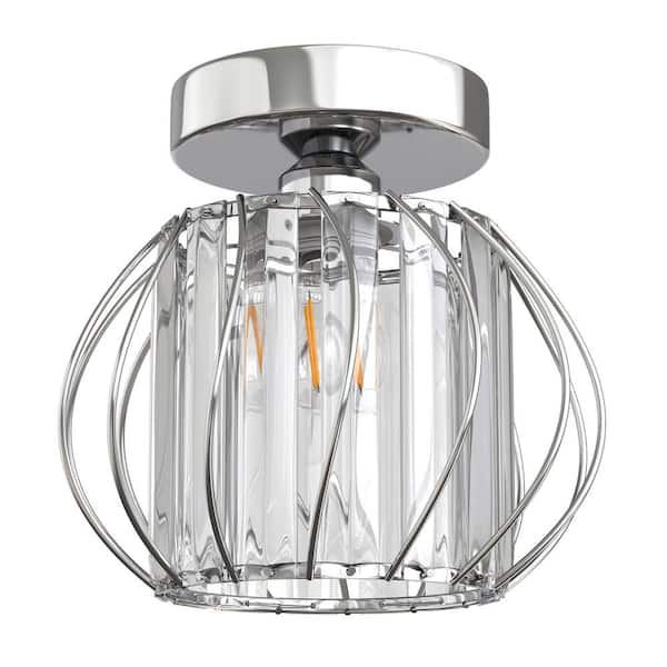 YANSUN 7 in. 1-Light Modern Crystal Semi Flush Mount Ceiling Light，Chrome Cage Design for Hallway, Entryway, or Bedroom