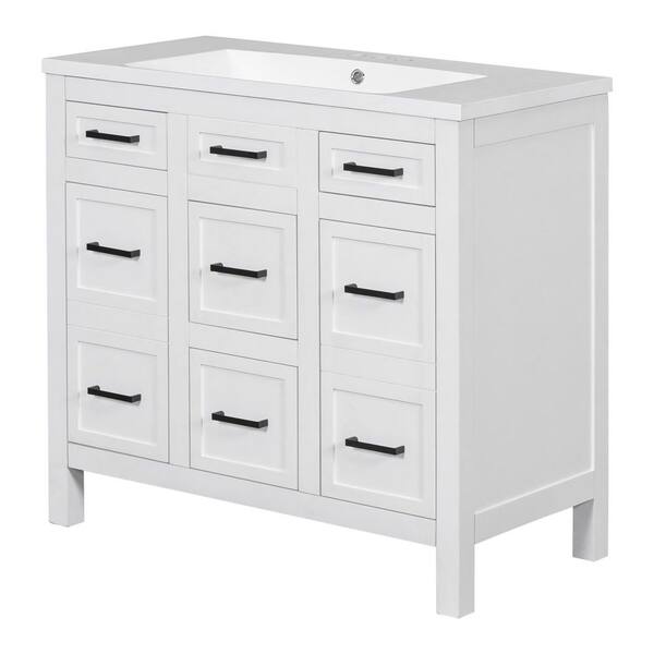 36 in. Single Sink Freestanding White Bath Vanity w/White Resin Top Bathroom Vanity w/ 4-Drawers & 2-Doors