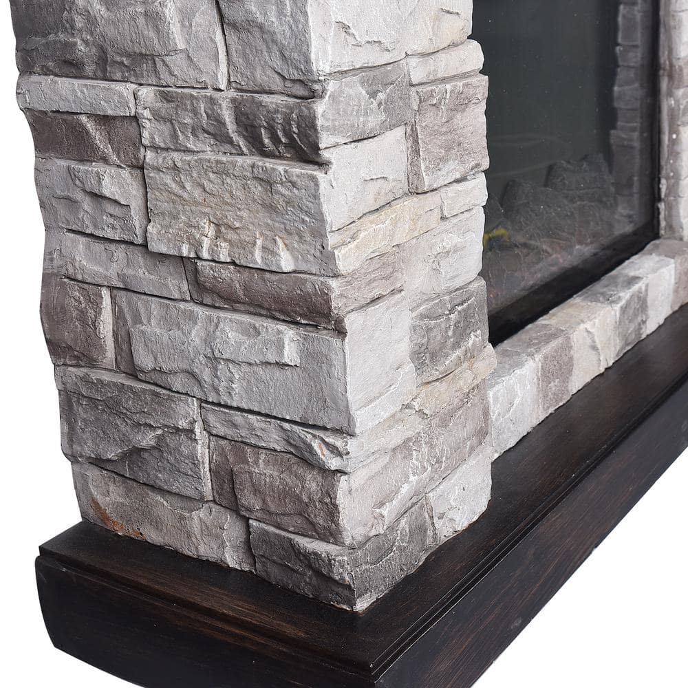 39" Gray Faux Stone Freestanding Electric Fireplace with LED Shelf