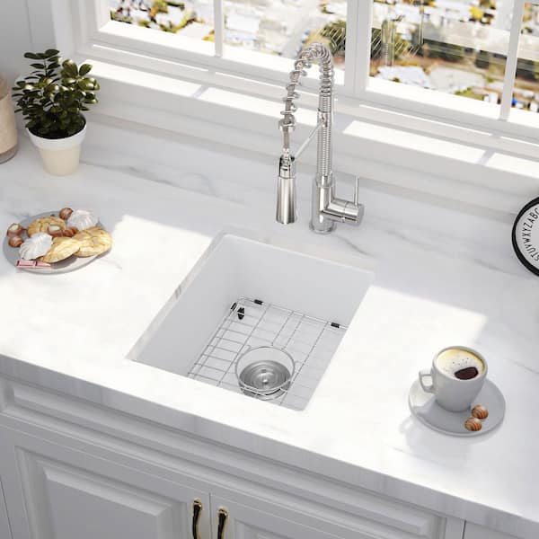 18 in. Undermount Single Bowl White Quartz Kitchen Sink with Bottom Grids, Strainer