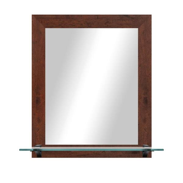 Unbranded 21.5 in. W x 25.5 in. H Rectangle Dark Walnut Vertical Framed Mirror With Tempered Glass Shelf/Black Bracket