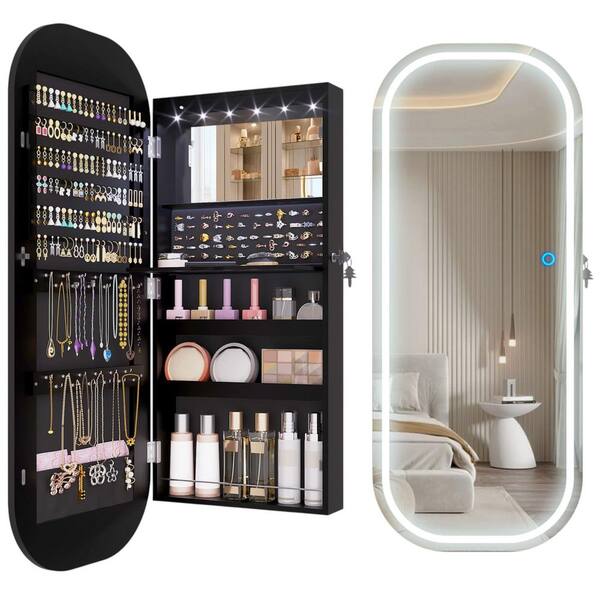 Afoxsos 16 in. Black FSC-Certified Wood LED Mirror Jewelry Cabinet