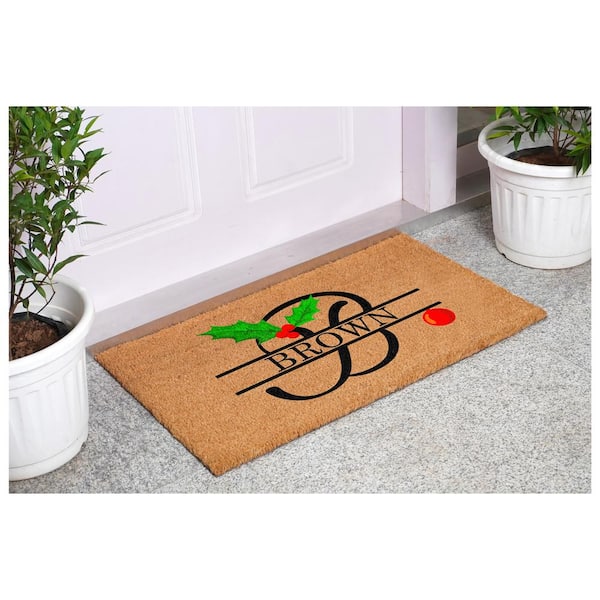 Christmas Holly 48 in. x 30 in. Coir Monogrammed Letter I Door Mat