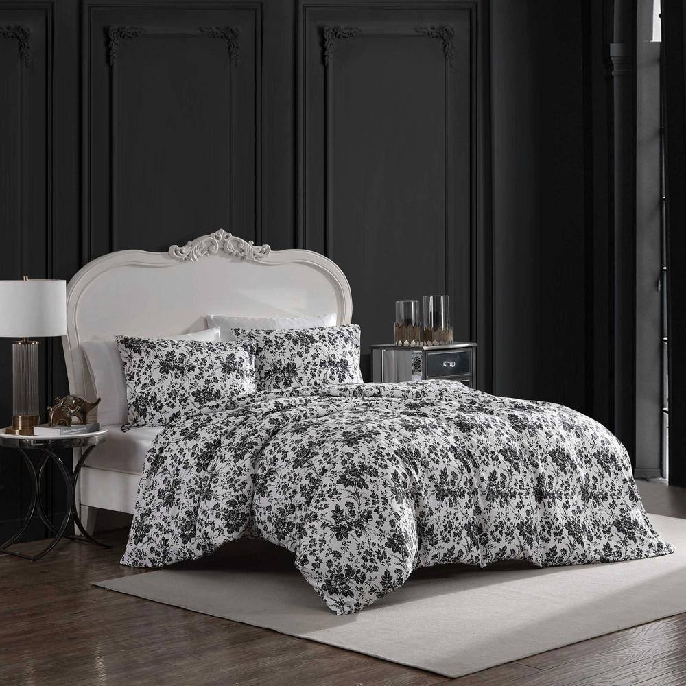 King Black and White Floral Polyester Duvet Cover Set