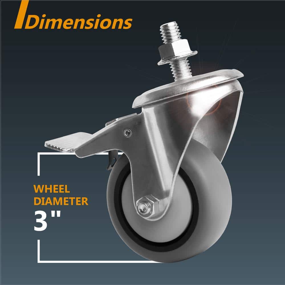 POWERTEC 3" Gray TPR Dual Locking Swivel Caster Wheels, Set of 4