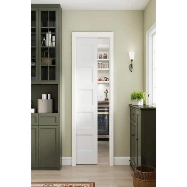 30"x80" Flat 5-Panel Smooth White Primed Molded Hollow Core Sliding Pocket Door with Soft Closet Pocket Door Frame Kits
