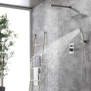 2-Spray 10 in. Shower Head Wall Mount Fixed and Handheld Shower Head 2.5 GPM in Brushed Nickel, with Shower Floor Drain