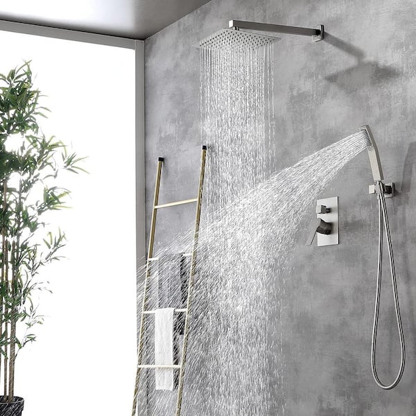 2-Spray 10 in. Shower Head Wall Mount Fixed and Handheld Shower Head 2.5 GPM in Brushed Nickel, with Shower Floor Drain