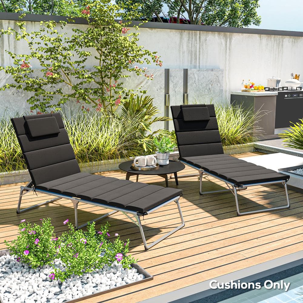 Black Foldable Olefin Chaise Lounge Cushion Set with Headrest