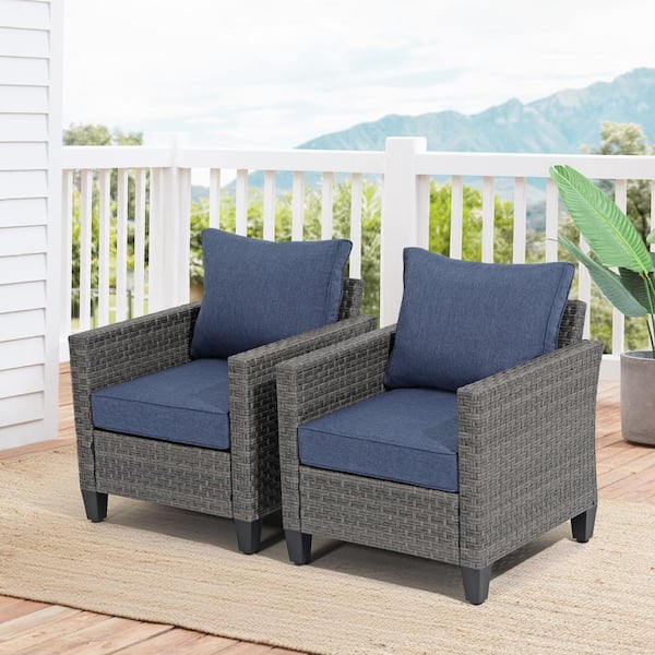 2-Piece Wicker Grey Outdoor Lounge Chair Sofa Set with Blue Cushion