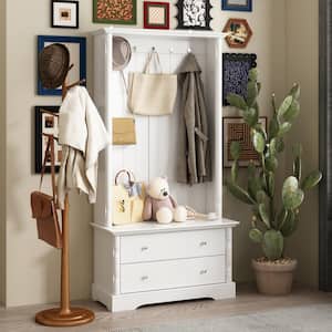 White Wooden Freestanding Storage Coat Rack with 5 Silver Hooks, Seat & 2 Large Drawers