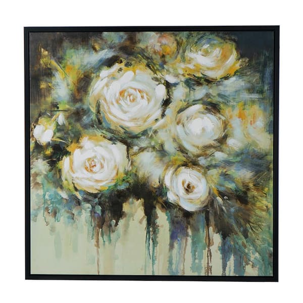 Benjara Black, White and Green Wooden Framed Dreamy Floral Hand Painting Wall Art