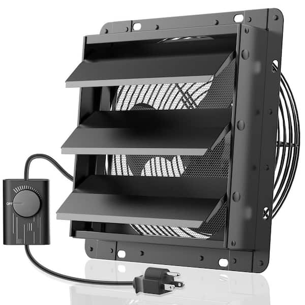 Black 10 in. Warehouse Shutter Exhaust Fan, 647 CFM Low Noise Shed Exhaust Fan with Controller for Basement Chicken Coop