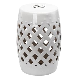 12.5 in. x 18 in. White Ceramic Garden Stool with Woven Lattice Design and Glazed Strong Materials Decorative End Table