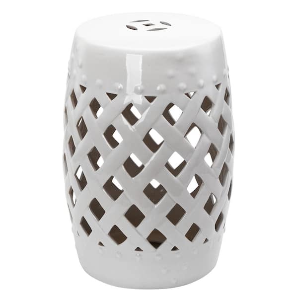 Sudzendf 12.5 in. x 18 in. White Ceramic Garden Stool with Woven Lattice Design and Glazed Strong Materials Decorative End Table