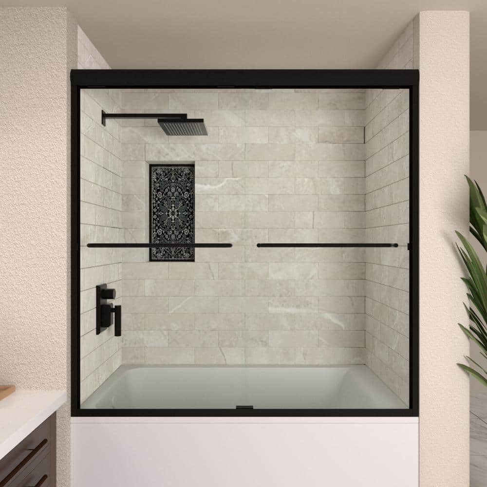 Matte Black Semi Frameless Sliding Tub Door with Clear Glass