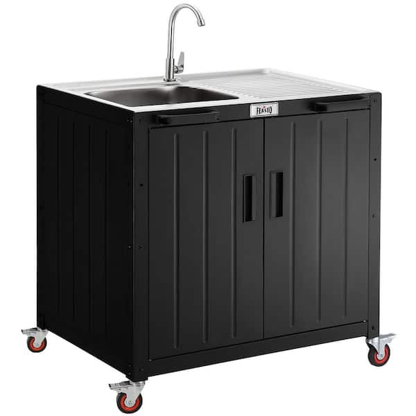 Black Movable Outdoor Grill Cart with Outdoor Sink Station and Storage Cabinet 35.4 in. W x 26 in. D x 36.2 in. H